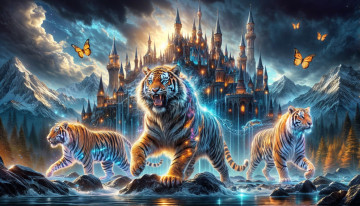 обоя фэнтези, замки, замок, тигры