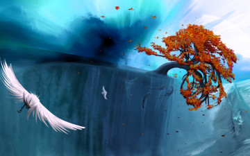 обоя рисованное, животные,  птицы, дерево, обрыв, птицы