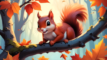 Картинка рисованное животные +белки белка ветка лес осень листья деревья