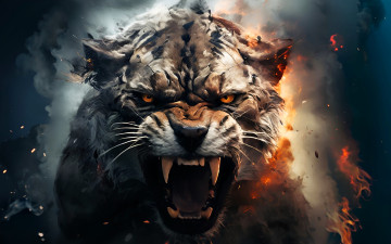 Картинка рисованное животные +пантеры зверь хищник оскал клыки огонь