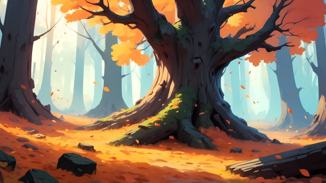 Обои картинки фото рисованное, природа, осень, деревья, лес, листья, камни