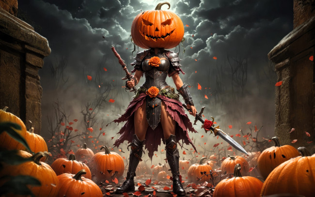 Обои картинки фото 3д графика, фантазия , fantasy, хэллоуин, девушка, тыквы, существо, тучи, развалины, оружие, розы