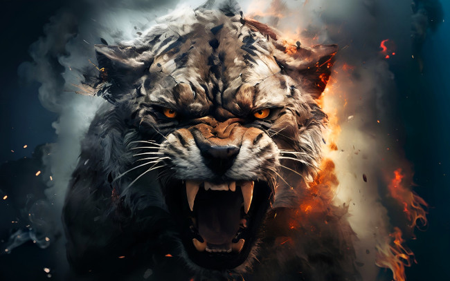 Обои картинки фото рисованное, животные,  пантеры, зверь, хищник, оскал, клыки, огонь