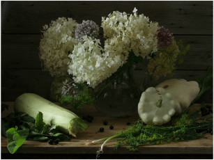 Картинка ира быкова букет гортензии два патиссона кабачок еда натюрморт