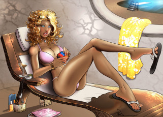 Картинка рисованные люди плеер загар очки шезлонг головоломка рубика кубик купальник