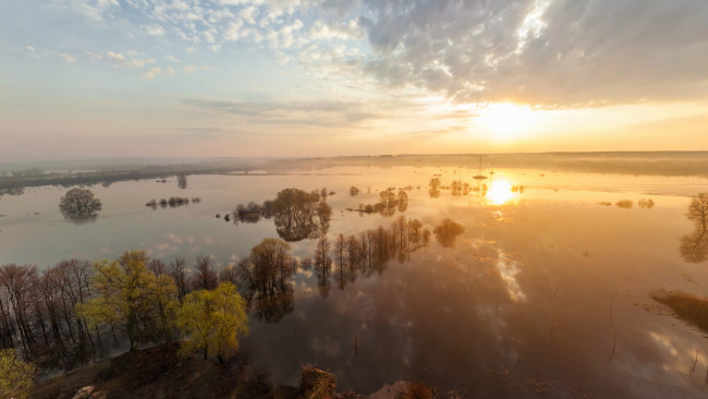 Обои картинки фото природа, восходы, закаты, утро, река, разлив, панорама