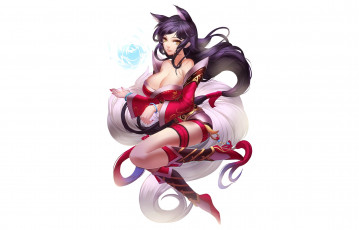 Картинка league+of+legends фэнтези существа фон декольте ahri взгляд хвосты девушка магия жест league of legends улыбка art ушки лисица ???