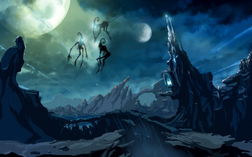 Картинка фэнтези существа планета чужая мир иной скалы