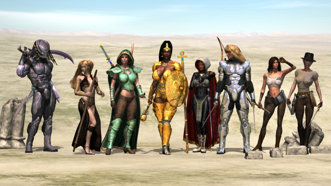 Обои картинки фото 3д графика, фантазия , fantasy, взгляд, девушки, команда, фон, оружие