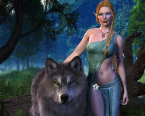 Картинка 3д+графика эльфы+ elves эльфийка взгляд фон волк
