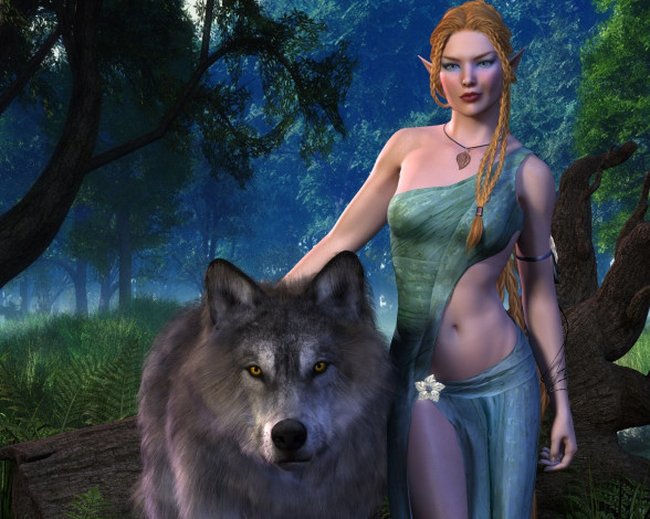 Обои картинки фото 3д графика, эльфы , elves, эльфийка, взгляд, фон, волк
