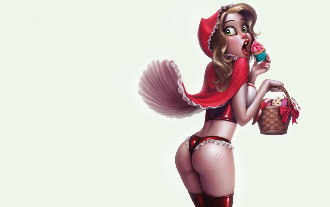 Обои картинки фото рисованное, люди, попа, царапина, арт, фон, красная, шапочка, карзинка, пирожные, эротика