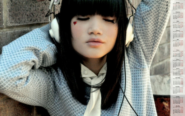 Обои картинки фото календари, девушки, азиатка, наушники