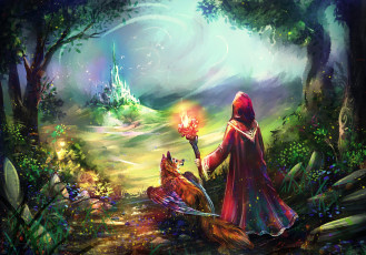 Картинка фэнтези маги +волшебники птицы природа замок животное человек существо арт плащ
