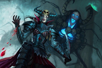 Картинка фэнтези демоны взгляд арт доспехи девушка кровь существо art рога черепа fantasy