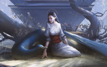 Картинка фэнтези красавицы+и+чудовища взгляд девушка птица арт павлин кимоно