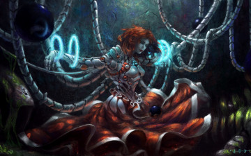 Картинка фэнтези роботы +киборги +механизмы девушка фантастика провода арт рыжая киборг sci-fi