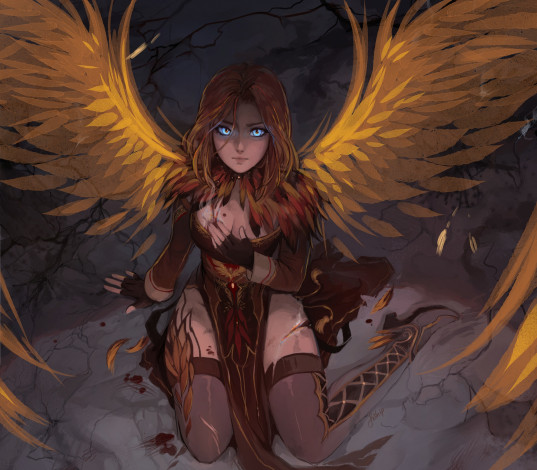 Обои картинки фото фэнтези, ангелы, взгляд, девушка, поза, крылья, ангел, арт, art, angel