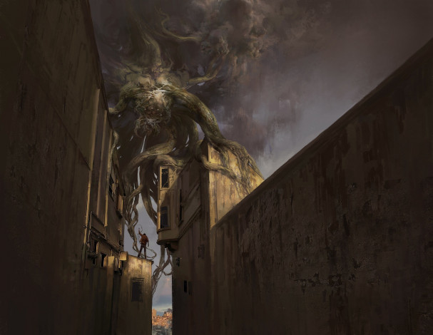 Обои картинки фото фэнтези, существа, стены, человек, дома, монстр, арт