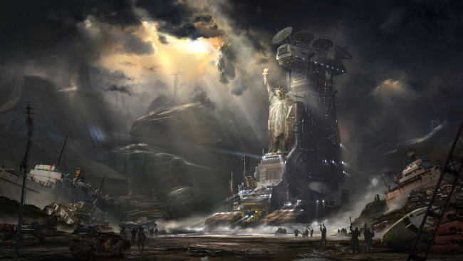 Обои картинки фото фэнтези, иные миры,  иные времена, люди, фантастика, корабли, ржавчина, арт, статуя, свободы, военные, sci-fi