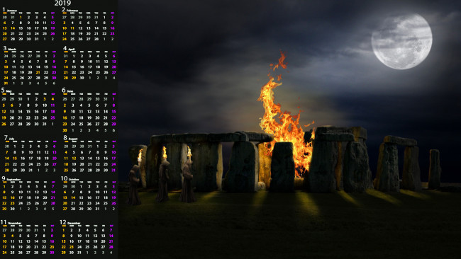 Обои картинки фото календари, 3д-графика, ночь, костер, луна