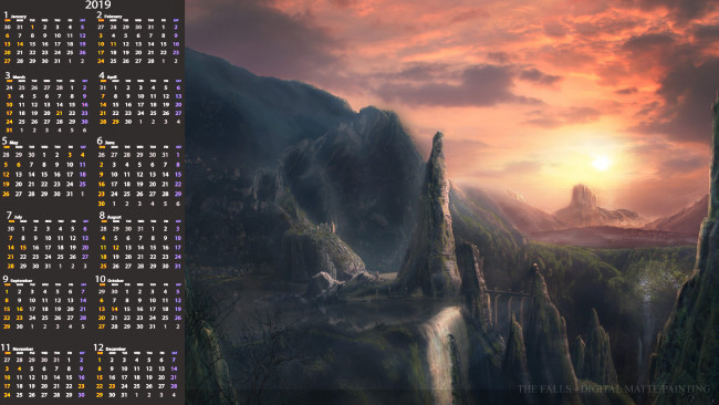 Обои картинки фото календари, фэнтези, закат, гора