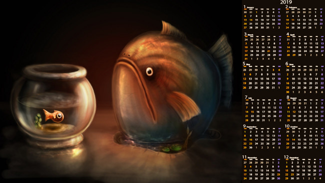 Обои картинки фото календари, рисованные,  векторная графика, рыба, аквариум