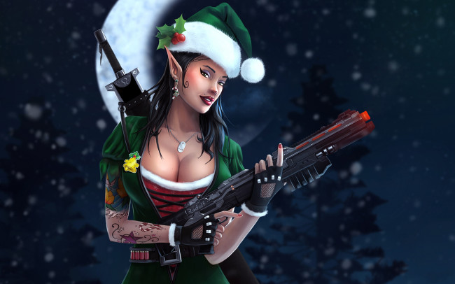 Обои картинки фото праздничные, - разное , новый год, оружие, эльф, взгляд, фон, девушка