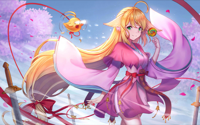 Обои картинки фото аниме, животные,  существа, колокольчики, меч, рукава, ушки, девушка, птица