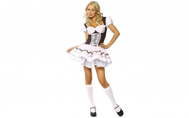 Обои картинки фото девушки, -unsort , блондинки,  светловолосые, платье, гольфы, костюм, блондинка