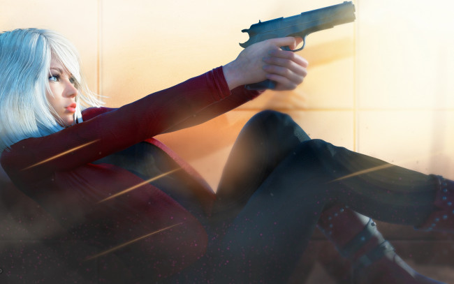 Обои картинки фото фэнтези, девушки, пистолет, рендеринг, поза, девушка, блондинка, профиль