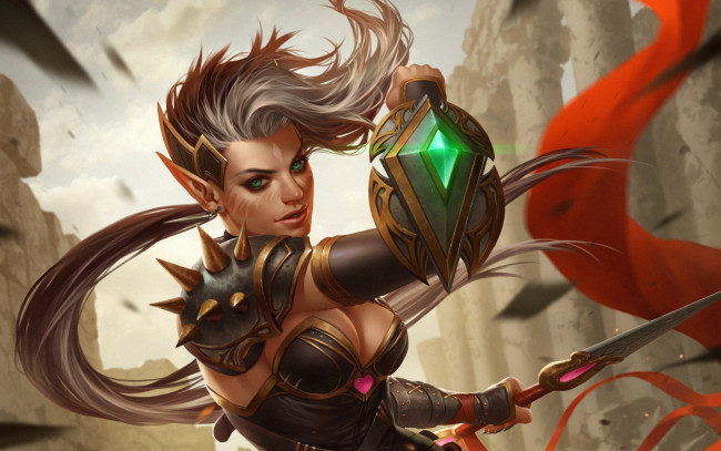 Обои картинки фото фэнтези, эльфы, взгляд, арт, кинжал, броня, эльфийка, щит