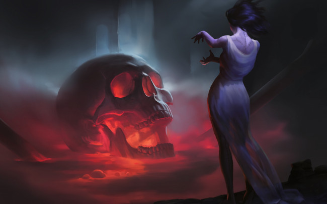 Обои картинки фото фэнтези, нежить, девушки, спина, череп, платье, арт, помещение