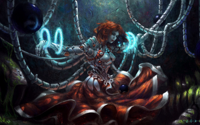 Обои картинки фото фэнтези, роботы,  киборги,  механизмы, девушка, фантастика, провода, арт, рыжая, киборг, sci-fi