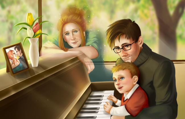 Обои картинки фото рисованное, люди, дух, портрет, фортепьиано, женщина, ребенок, мужчина
