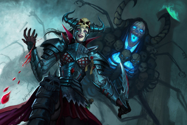 Обои картинки фото фэнтези, демоны, взгляд, арт, доспехи, девушка, кровь, существо, art, рога, черепа, fantasy