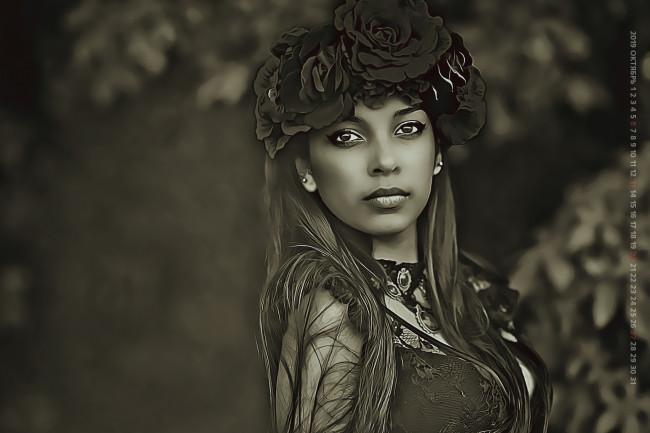 Обои картинки фото календари, компьютерный дизайн, 2019, цветы, венок, calendar, женщина, взгляд, девушка