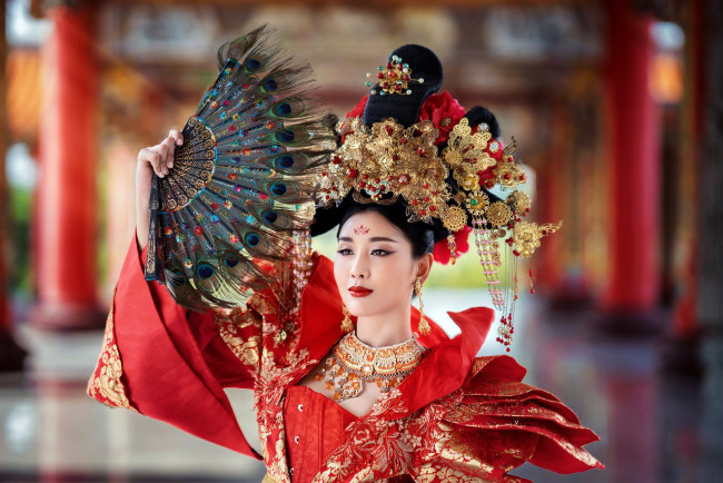 Обои картинки фото девушки, -unsort , азиатки, украшения, веер