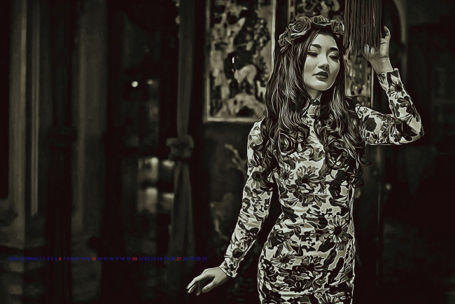 Обои картинки фото календари, компьютерный дизайн, девушка, взгляд, женщина, calendar, 2019, венок, цветы