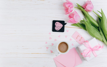 Картинка праздничные день+святого+валентина +сердечки +любовь тюльпан подарок сердечко надпись