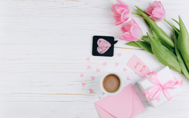 Обои картинки фото праздничные, день святого валентина,  сердечки,  любовь, тюльпан, подарок, сердечко, надпись