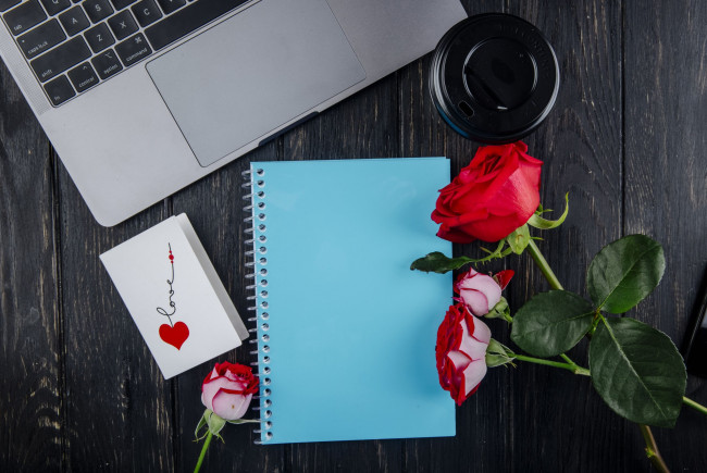 Обои картинки фото праздничные, день святого валентина,  сердечки,  любовь, блокнот, роза, открытка, надпись