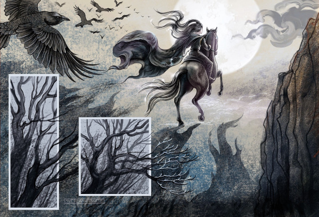 Обои картинки фото рисованное, кино,  мультфильмы, сюэ, ян, всадник, деревья, ночь, вороны