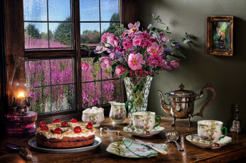 Картинка еда натюрморт букет лампа торт сахар кофейник колокольчик