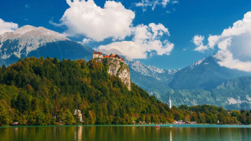 Картинка города блед+ словения горы озеро замок