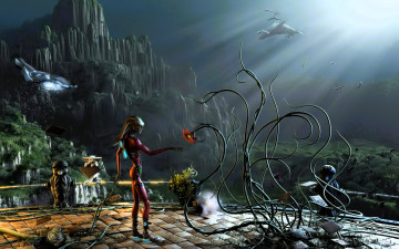 Картинка 3д+графика фантазия+ fantasy киты горы лучи площадка существо