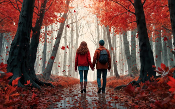 Картинка 3д+графика люди+ people лес тропа туман осень пара