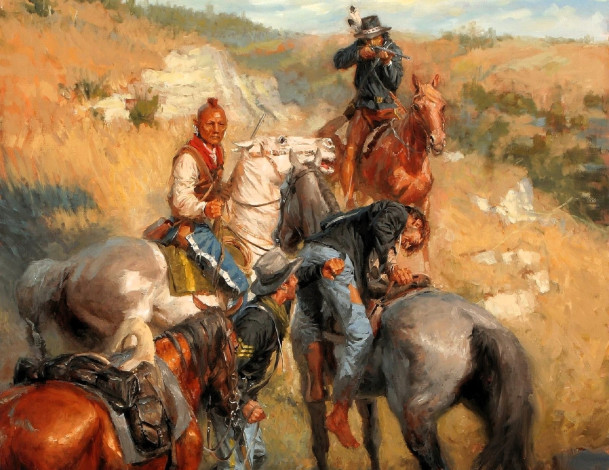 Обои картинки фото рисованное, andy thomas, всадники, индейцы, федералы, оружие, горы