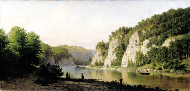 Обои картинки фото рисованное, пётр верещагин, горы, лес, река, люди