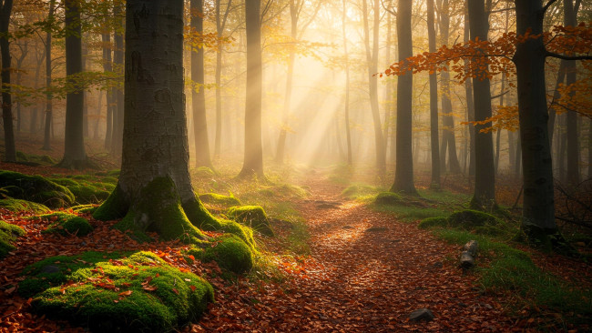 Обои картинки фото природа, лес, осень, туман, листья, мох